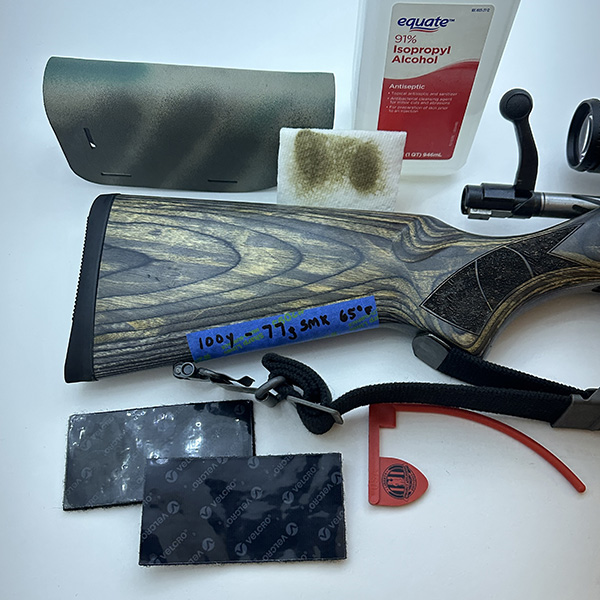 Rifleman cheek rest system, cleanser, and cleaning towels.